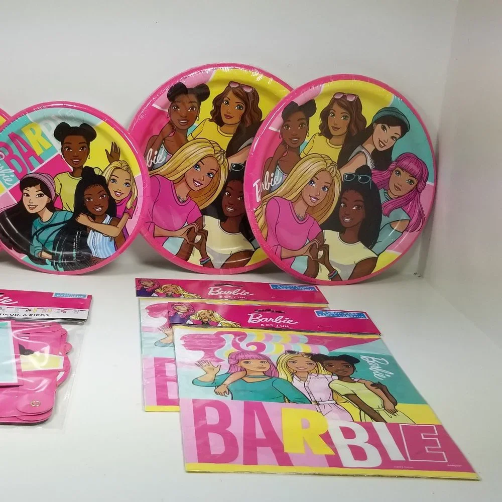Barbie party set for 16 includes small and large plates, banner and goodie bags